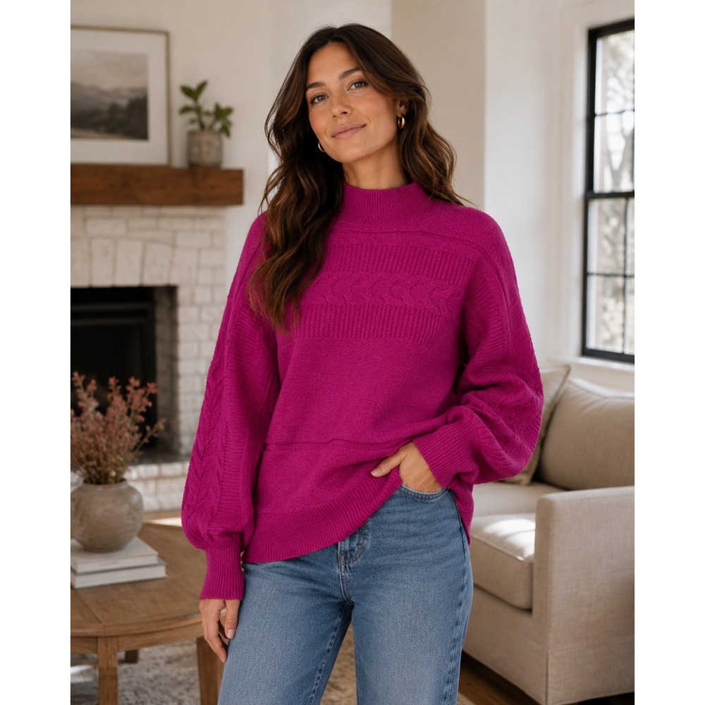 ee:some Sweater Women S/M Pink Cable Knit Mock Neck Balloon Sleeve SG6002